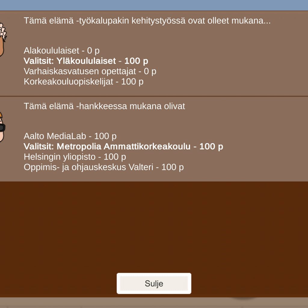 Näytä oikeat vastaukset -napista painamalla peli näyttää kysymykset, vastausvaihtoehdot ja pisteytyksen. Ohjaaja voi ottaa kuvakaapata ryhmän kysymykset talteen myöhempää käyttöä varten. Peli voidaan pelata toisen kerran Pelaa uudelleen -napista. Alkuun-napista peli nollaantuu ja hahmot ja kysymykset pitää laatia uudelleen.